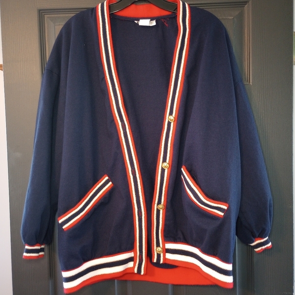 Sweaters - Vintage 70s Oversized Ribbed Varsity Cardigan Preppy Track Suit Jacket Prepcore